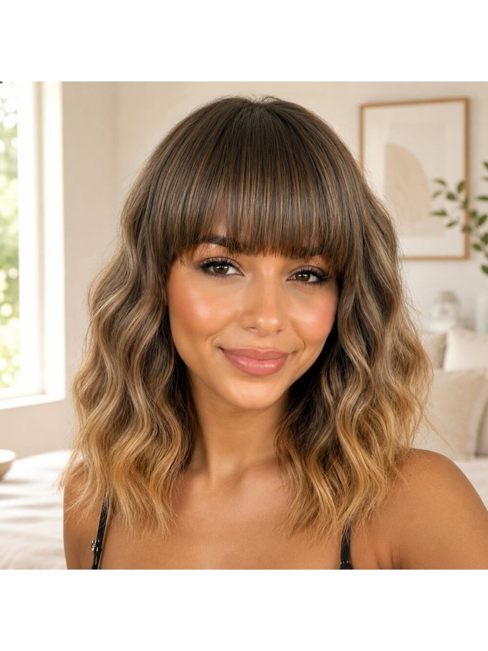 Women's Brown blonde Short Shoulder Curly with Bangs 16 Inch Synthetic Wig